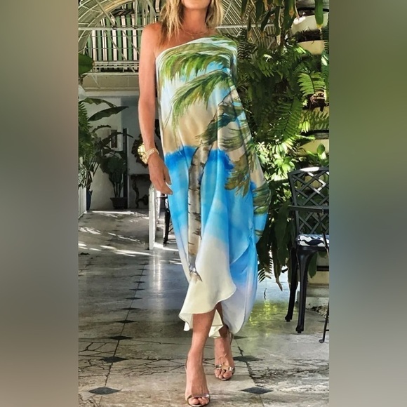 Elegant Palm Beach Tree One Shoulder Sleeve Midi Dress Swimsuit Coverup - Picture 2 of 9